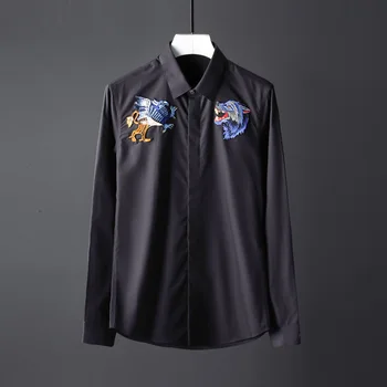 

New Black White Men Shirt 100% Cotton Wolf Head Embroidered Men Shirt Long Sleeve Luxury Fashion Trend Casual Shirt Men