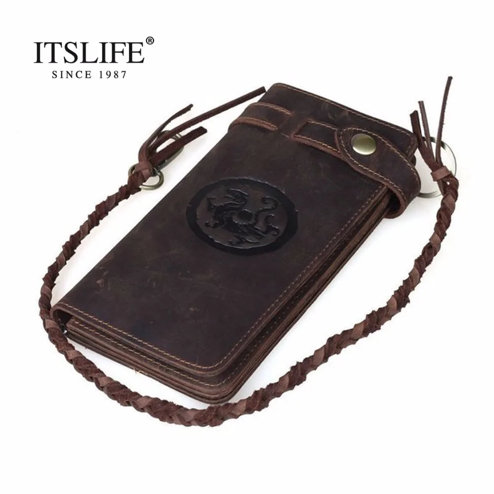 

Men Designer Chain Leather Wallet Long Style Crazy Horse Natural Cowhide Vintage Purse With Handmade Woven Rope dragon Brown