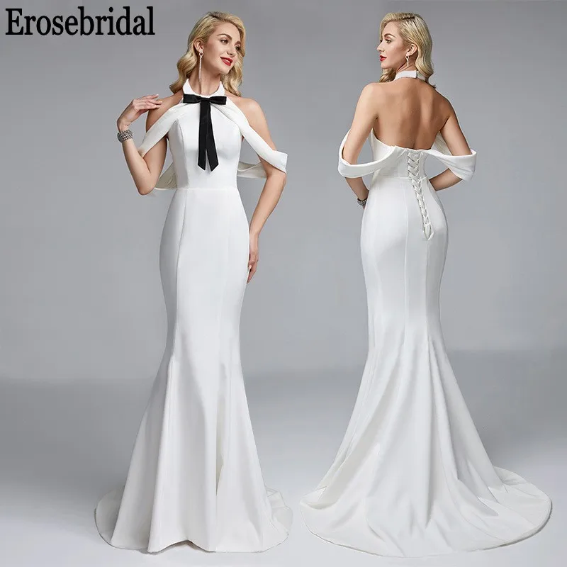 

Erosebridal Simple Evening Dress Long 2019 Satin Halter Formal Women Wear Party Sexy Open Back with Sweep Train Custom Made