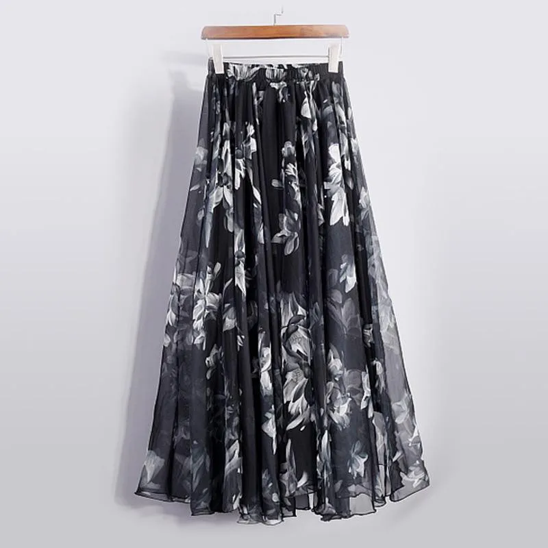 Новая мода, женские элегантные шифоновые длинные юбки для дам с цветочным принтом, облегающие плиссированные юбки с высокой талией и эластичной резинкой на талии SK15