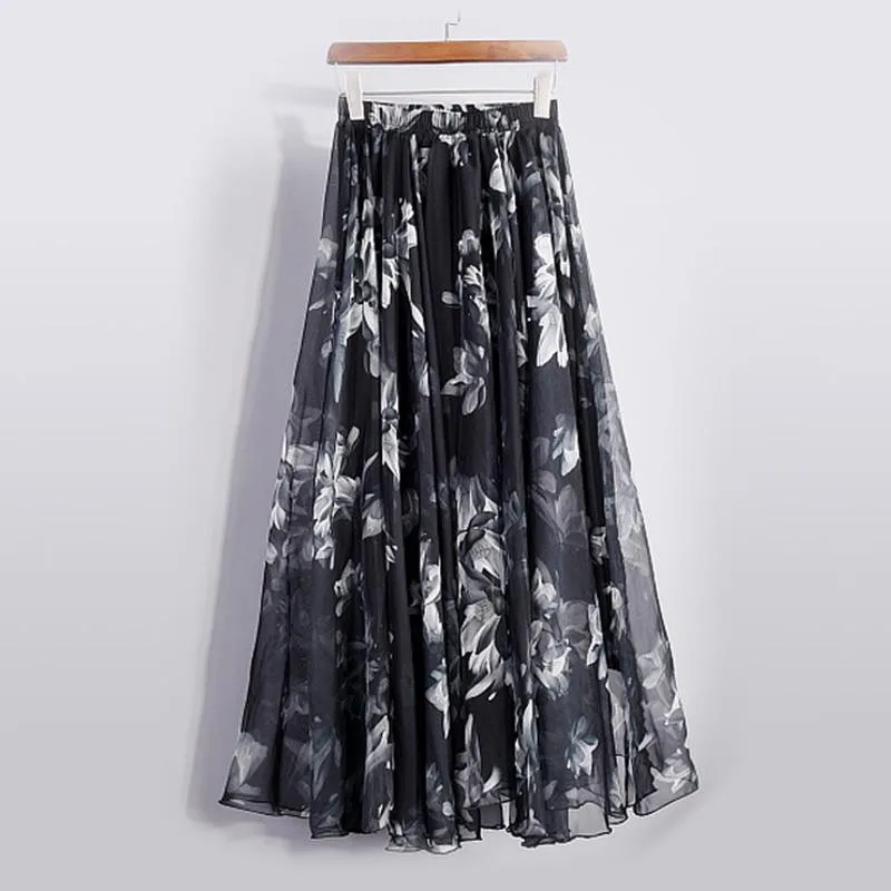 Women's Floral Print Elastic High Waist Long Chiffon Skirt Black Display