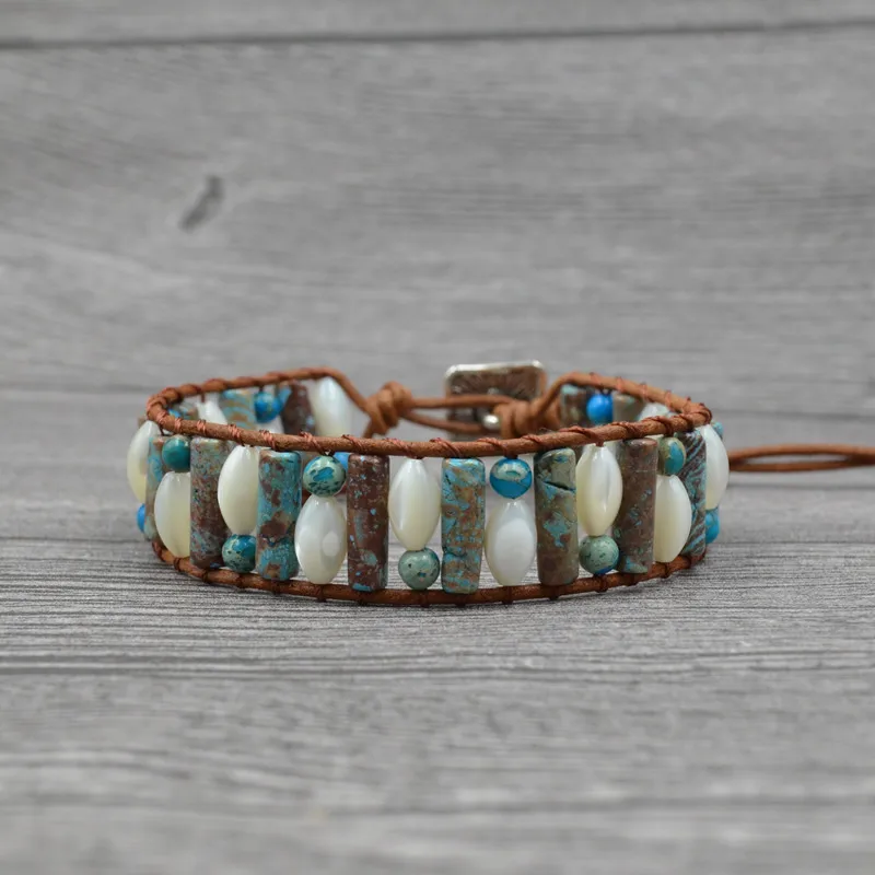 JoursNeige Boho Bracelets Natural Stone and Shell Bracelets Leather Wrap Bracelet Hand Weaving European Retro Bracelets