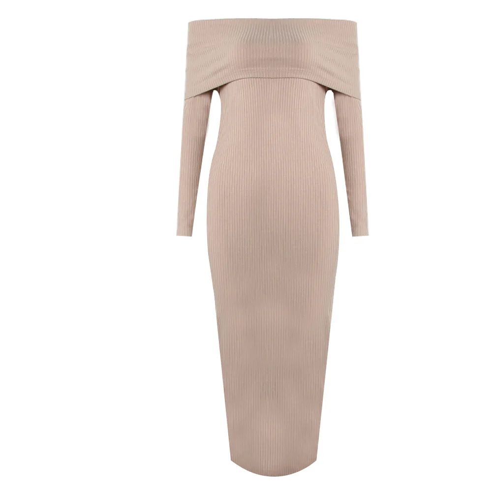 

2019 Autumn European and American fashion single-shoulder knitted cotton Slash Neck Elegant Casual long Sleeve Long Dress