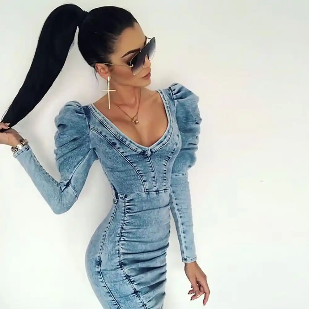 European And American Fashion Street Snap Deep V Ruffle Princess Sleeve Bag Hip Cowboy Dress No Belt Dresses Aliexpress aliexpress