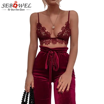 

SEBOWEL Sexy Red Crochet Lace Bralette Top Women Sleeveless Short Lace Tops 2019 Summer Floral Lace Crop Top Night Club Wear