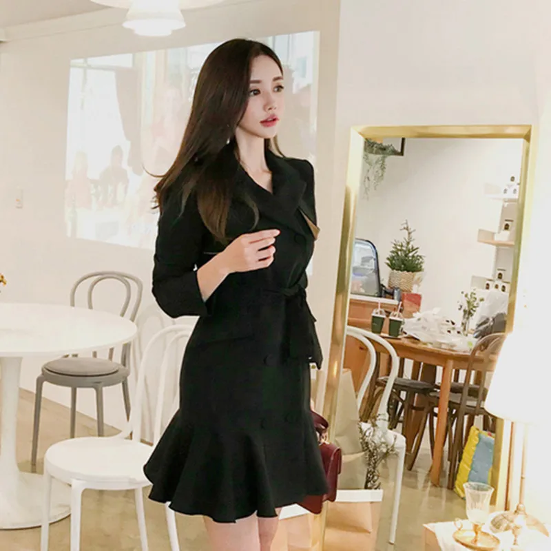 Высокое качество оборками OL двубортные куртки с длинными рукавами черные пальто для женщин новая осенне-зимняя одежда