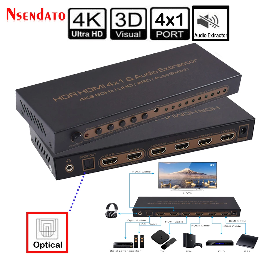 4K * 2K 60 Гц HDR HDMI сплиттер 4X1 аудио экстрактор для DTS Dolby ARC SPDIF EDID 4 в 1 выход