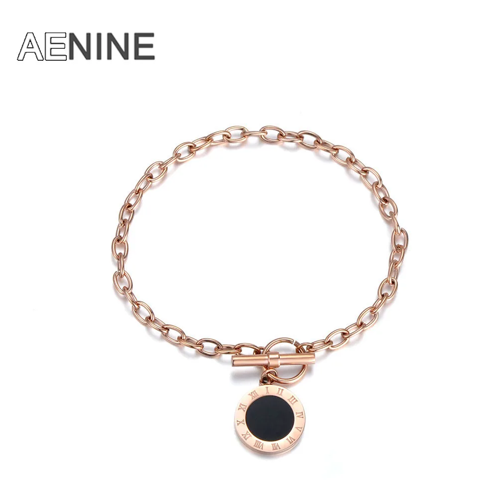 

AENINE Classic Roman Numerals Black Shell Chain Link Bracelets Jewelry For Women Stainless Steel Charm Bracelet Bileklik AB18005