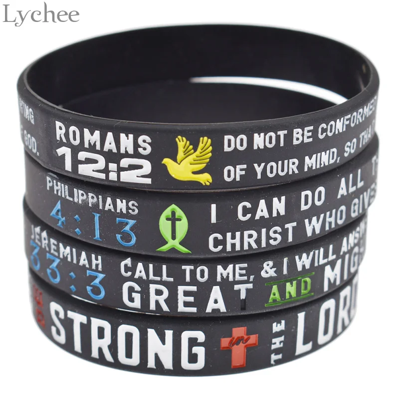 Lychee 4pcs Trendy Silicone Bible Verse Bracelet Letter Print Rubber
