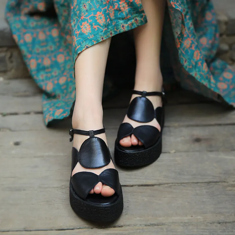 Handmade Black Leather Sandals Women Summer Shoes Hollow Out 5 CM High Heels Wedge Sandals Genuine Leather Retro Shoes Handmade Black Leather Sandals Women Summer Shoes Hollow Out 5 CM High Heels Wedge Sandals Genuine Leather Retro Shoes