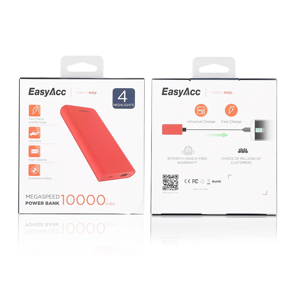 Easyacc внешний аккумулятор, 10000 мА/ч, ультра тонкий внешний аккумулятор, Внешнее зарядное устройство, внешний аккумулятор для iPhone 7, 6, 5, 4, для Xiaomi Mi