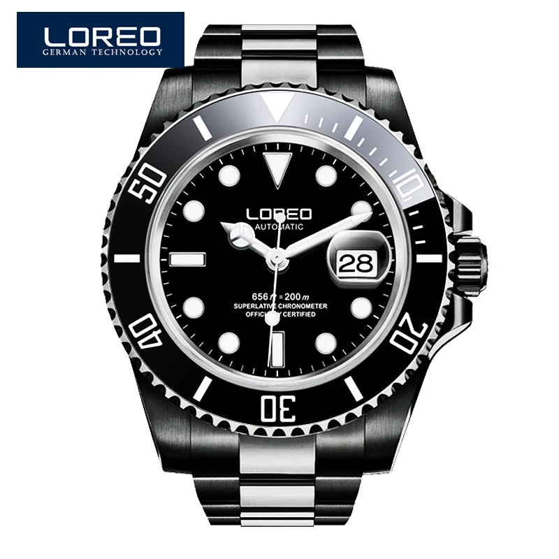 

LOREO high quality men luxury brand diver automatic mechanical waterproof 200M blue diamond coated mirror luminous men watch