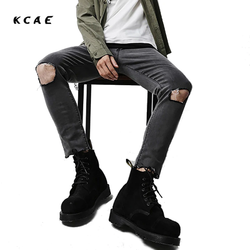 

KCAE Brand 2017 New Street Fashion Rock Gray Nine Points Long Pants Knee Hole Jeans Men With Metal Chain Size