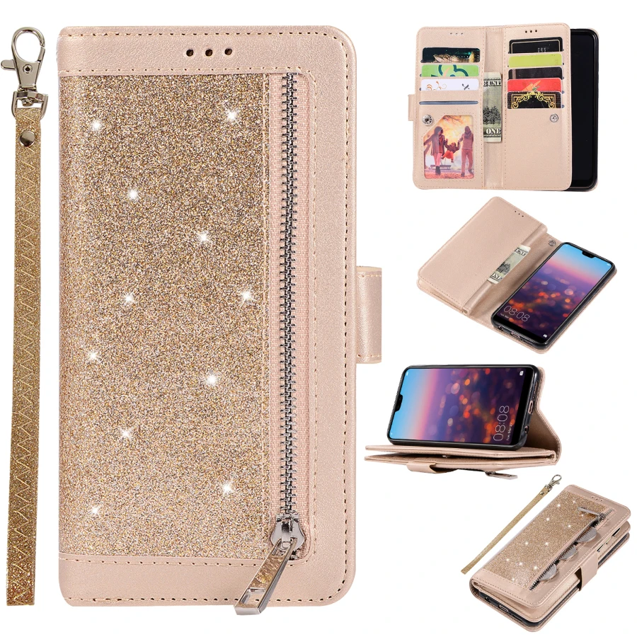 

Fashion Glitter Zipper Leather Wallet Flip Holder Phone Case For HuaWei Mate 10 20 Pro Lite P20 Pro Lite Case Bags Nine Cards