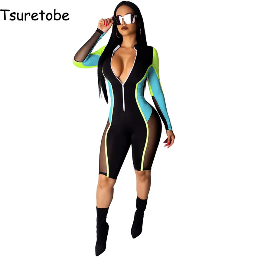 

Tsureobe Sheer Mesh Shorts Jumpsuit Women Long Sleeve Zipper Bodycon Playsuit Female Fashion Romper Night Club Sexy Jumpsuit