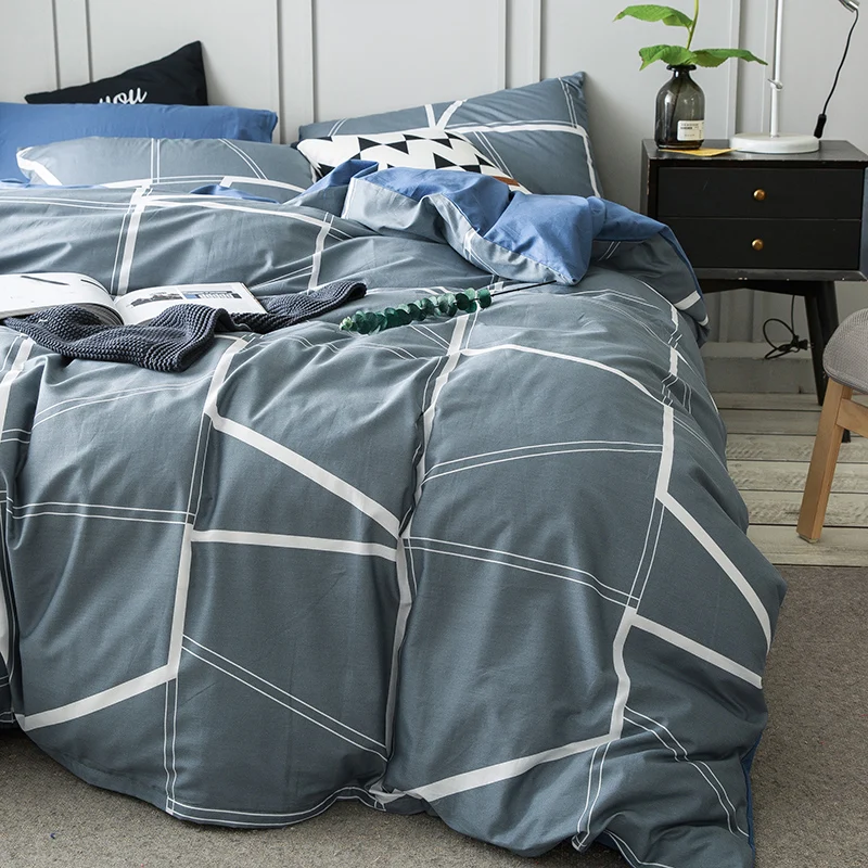 Grey Brief Duvet Cover Set For Men White Stripes Quilt Cover Blue Solid Color Bed Sheets Pillow