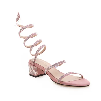 

2019 summer new snake-shaped winding with thick rhinestone sandals 33-43