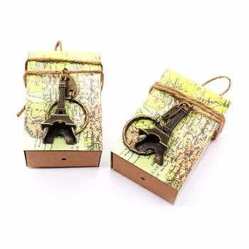 

50pcs Wedding Souvenirs Gifts Candy box+Paris Eiffel Tower Keychain Vintage design for Guests Wedding Decorations Festive Party