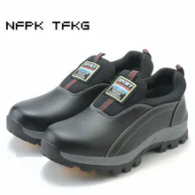 Модная Мужская Рабочая обувь со стальным носком; безопасные ботинки без застежек на проколов натуральная кожа; рабочие ботинки; большие размеры защитная обувь