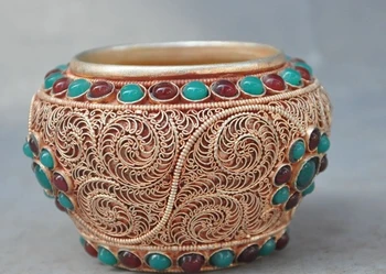 

tibet silver gilt Inlay Gem Precious Aristocracy Tank Crock pot Jar Jug