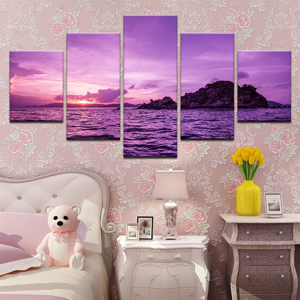 

5 Panel Decor Modular Purple Sunset Island Sea Landscape Canvas Painting Print Picture For Liveing Room Wall Art