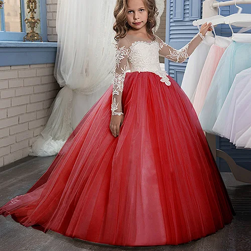 Champagne Puffy Платье с кружевными цветами для девочек для держащих букет невесты на свадьбе, одежда с длинным рукавом бальное платье для девочек, вечерние платье, праздничное платье, Vestidos - Цвет: Red 1
