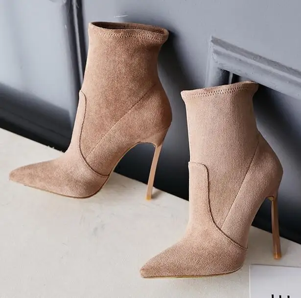

2019 Sexy High Heel Boots Slip On Stretch Boots Stiletto Boots Newest Faux Black Suede Leather Women Pointy Toe Ankle Boots 12CM