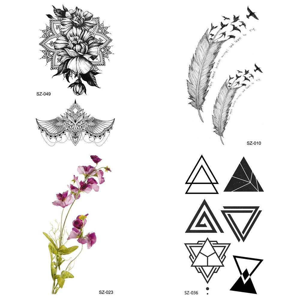 

Long Lasting Feather Birds Women Tattoo Stickers Makeup Henna Floral Cosmetic Temproary Tattoo Men Arm Triangle Waterproof Tatoo