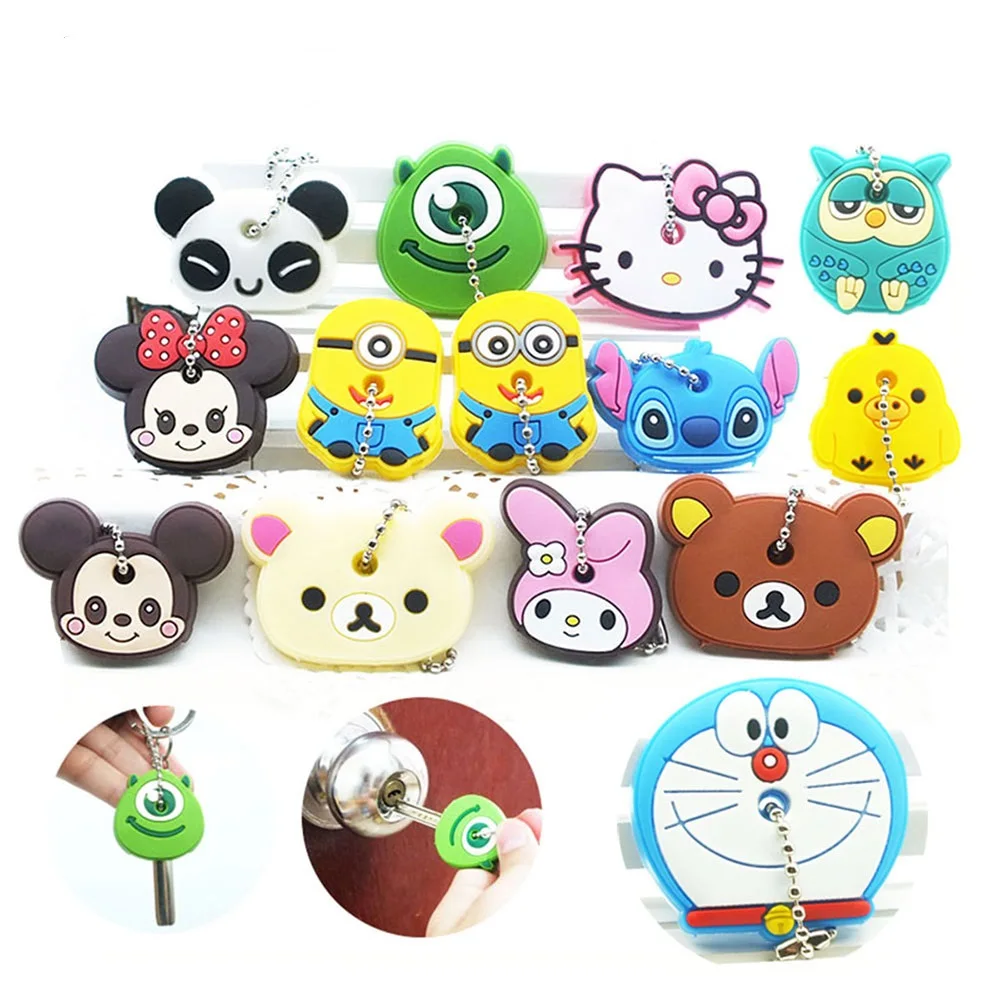 

CHXINHNS 2PCS A SET cute Anime Cartoon Key chain Silicone key cover key cap women hello kitty Garfield Minnie Ring car Keychain