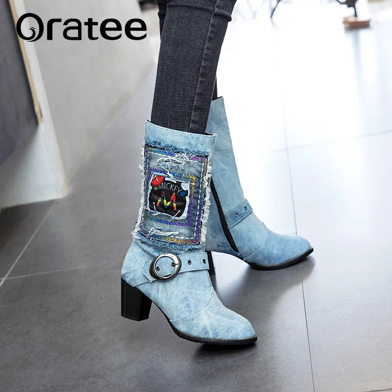 

2018 Autumn Winter Women Boots Fashion Casual Ladies shoes Martin boots Denim Leather Buckle boots High heeled zipper Snow boot