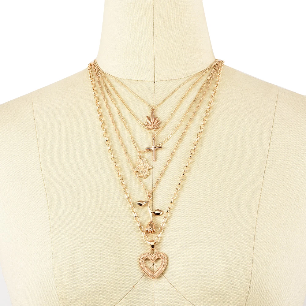 New Fashion Multi layer Flower Leaf palm Cross Heart Shape Necklaces & Pendants For Women Trendy Charm Gold Necklace Jewelry