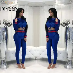 Imysen осень-зима спортивный костюм Для женщин Модный повседневный костюм новый синий одно плечо кроп-топ с длинными рукавами N Брюки для
