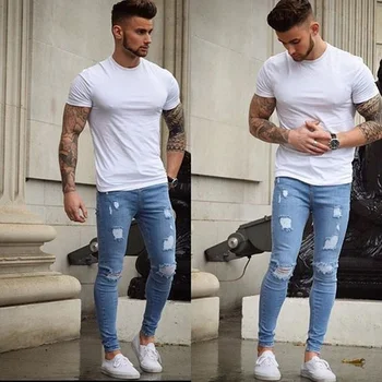 

2019 Men 's Elastic Leisure Pants Cotton Sweatpants Men' S Ripped Hole Casual Pants Fashion Men Feet Pants High Quality SA-8