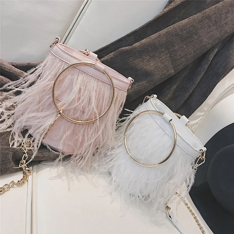 

New Messenger Bag Fashion Feather Bucket Bag Personality Ring Mini Chain Handbag Shoulder Bag