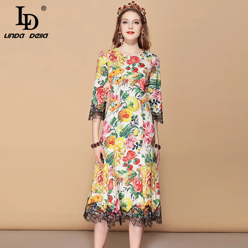 

LD LINDA DELLA Fashion Runway Summer Casual Dress Women's Lace Three quarter sleeve Floral Print Holiday Vacation Midi dress