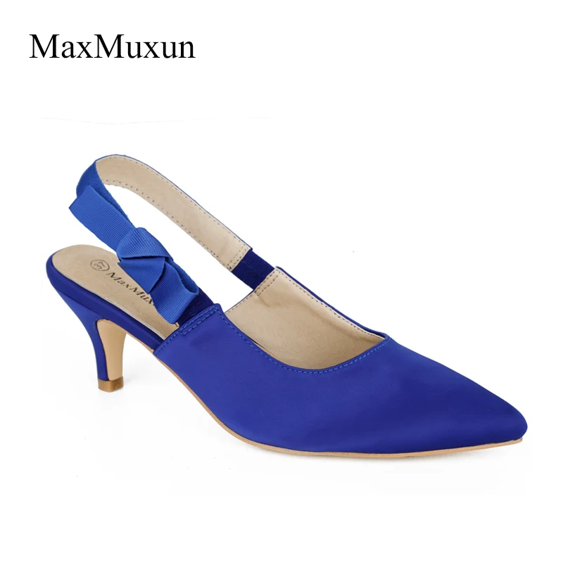 MaxMuxun Shoes Women Satin Pointed Toe Slingback Pumps Low Mid Kitten Sexy Bow Tie Fetish Heels Sandals Evening Party OL | Обувь