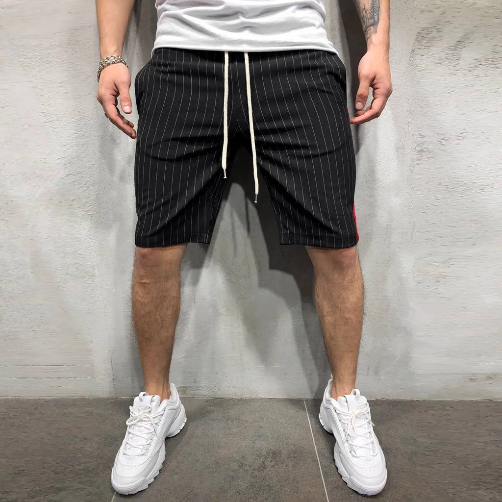 

CYSINCOS Mens Casual Joggers Striped Patchwork Pocket Drawstring Short Pants Short Homme Pantalones Cortos Hombre Mens Shorts