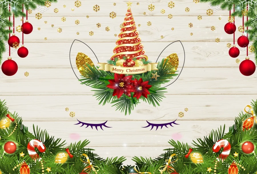 

Laeacco Christmas Balls Fir Wooden Boards Unicorn Party Photography Backgrounds Custom Photographic Backdrops For Photo Studio