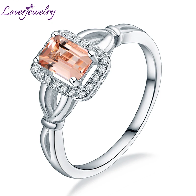 

LOVERJEWELRY Women Rings Solid 14K White Gold Natural Morganite Diamond Wedding Rings Genuine Stone for Women Valentine's Day
