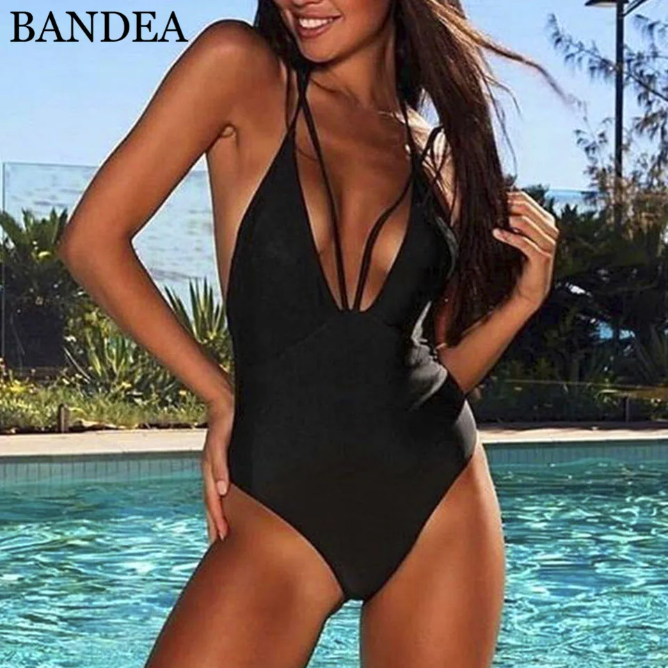 BANDEA черный купальник Strappy глубокий боди с глубоким вырезом Холтер с высокой Одна деталь купальник Бразильский женский сексуальный мягкий боди
