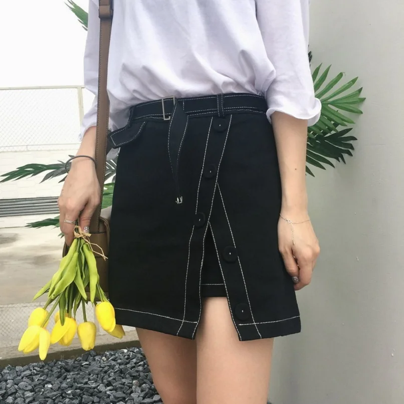 

2019 Women'S Harajuku Button Irregular Split Fork Waist Belt Thin Pack Hip A Half Skirt Cute Korean Kawaii Short Skirts Female