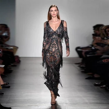 

2018 Elegant Long Sleeve Black Seuiqn Celebrity Cocktail Party Dress Fashion Hollow Out Tassel Mesh With Bandage Dress Vestidos