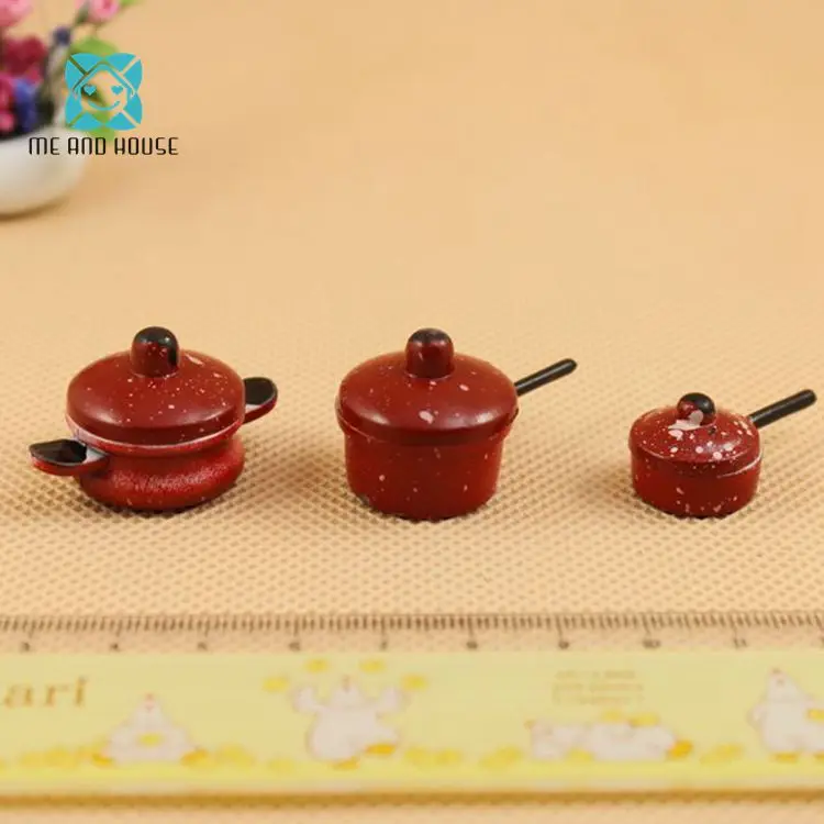 

Dollhouse Miniature Kitchen cookware snowflake red metal stewpan pot 3pieces 1:12