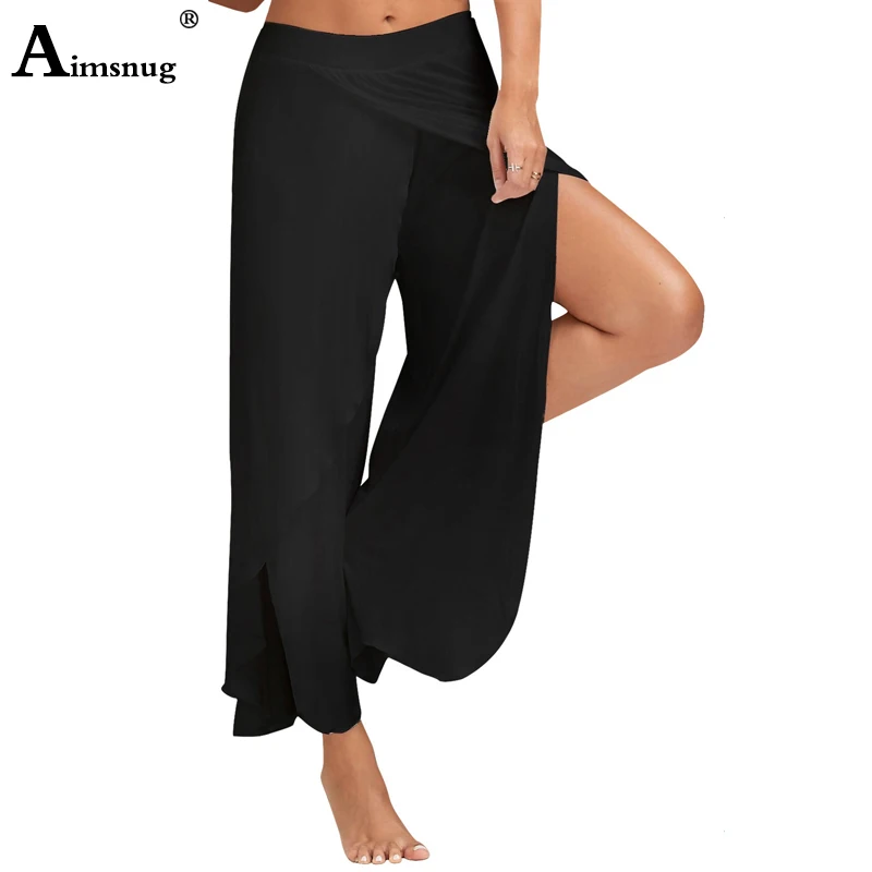 

Plus Size 4XL 5XL Solid High Split Ruffle Double Layer Female Trousers Sports Fitness Pants 2019 New Casual Women Wide Leg Pants
