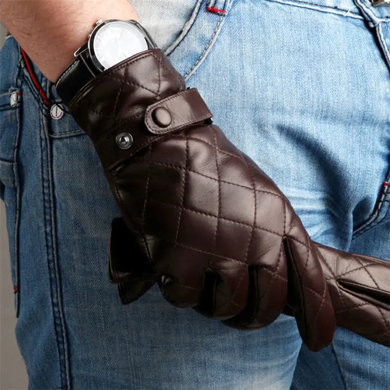 Для мужчин, мужские перчатки из натуральной кожи мужской на зиму и осень с плюшевой подбивкой модные наручные кнопка из натуральной овечьей кожи перчатки M020NC-1 - Цвет: Темно-коричневый