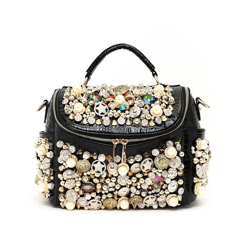 

2019 pearl buttons women's handbag rhinestone crocodile pattern luxury rivet one shoulder cross-body bag lady messenger bag