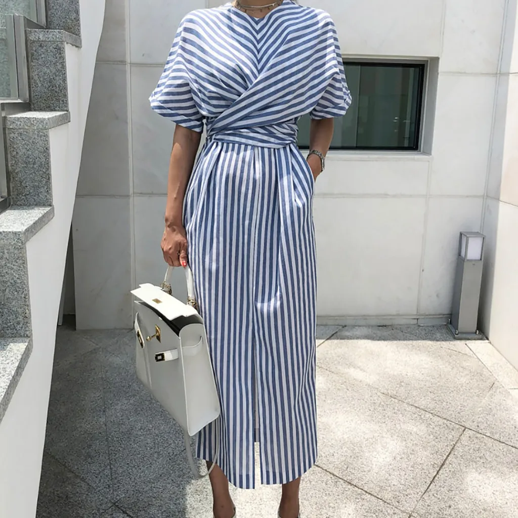 

robe femme Women Summer stripe Cotton Blue Striped Bandage Split Long Dress Long Dress women dress elegant