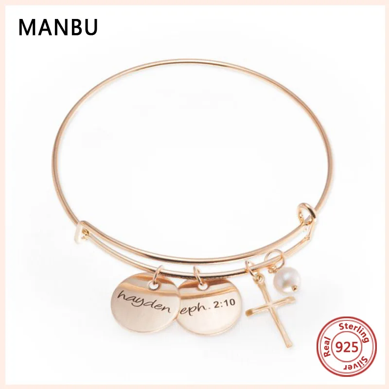 

MAN U New fashion bangle bracelet 925 sterling silver bangles for women bracelet 2 names & cross and pearl trendy jewelry gifts