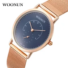 WOONUN Luxury Men Watches Famous Brand Rose Gold Blue Dial Full Steel Men's Quartz Watch Thin Mens reloj hombre
