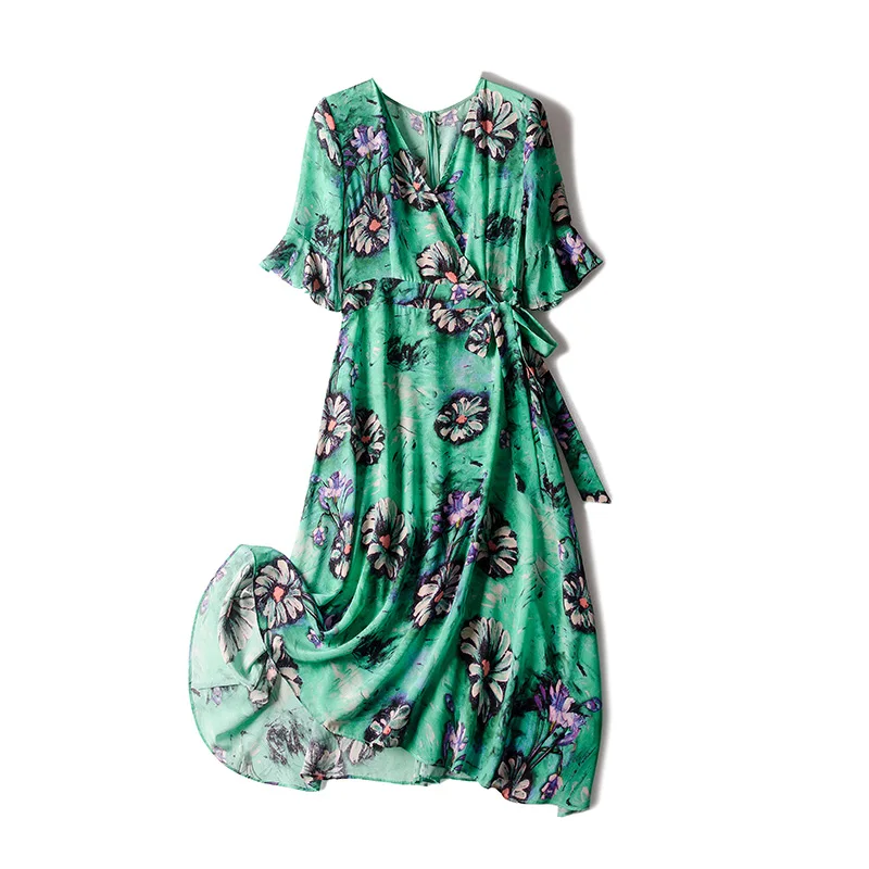 Женское платье из натурального шелка, праздничные Платья с цветочным принтом, с рукавами-бабочками, новинка, летние платья для женщин зеленого цвета - Цвет: Зеленый